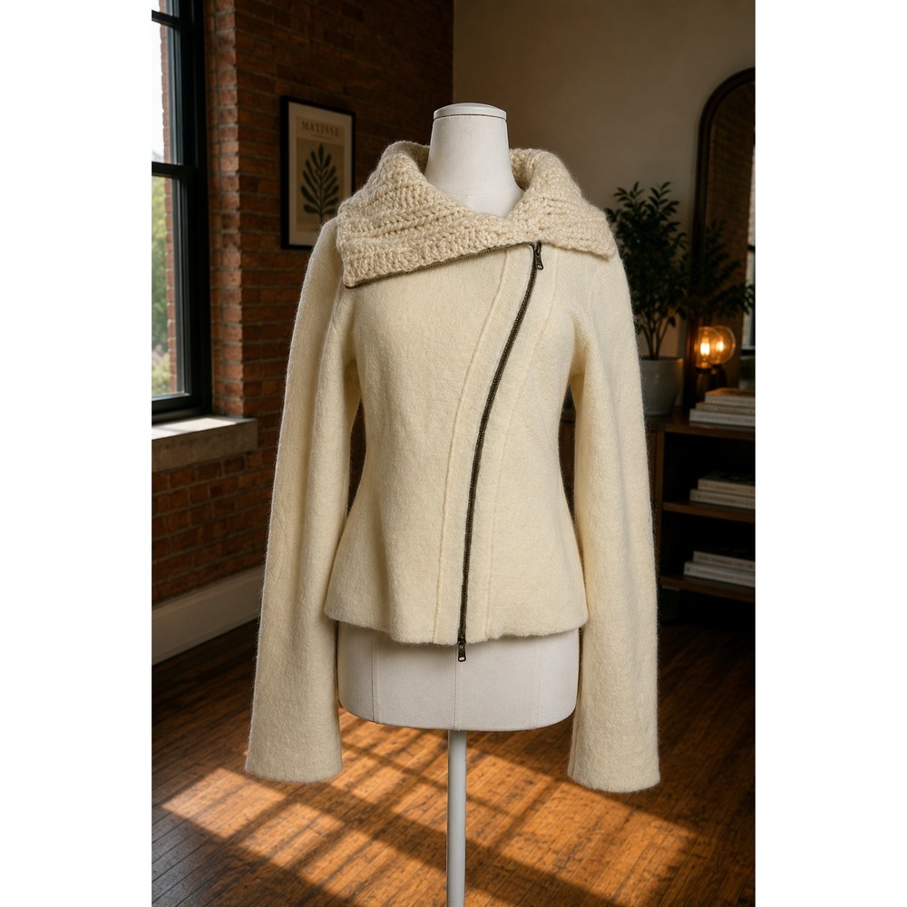 Gro Abrahamsson Anthropologie Cream Boiled Wool Asymmetrical Zip Jacket Knit S